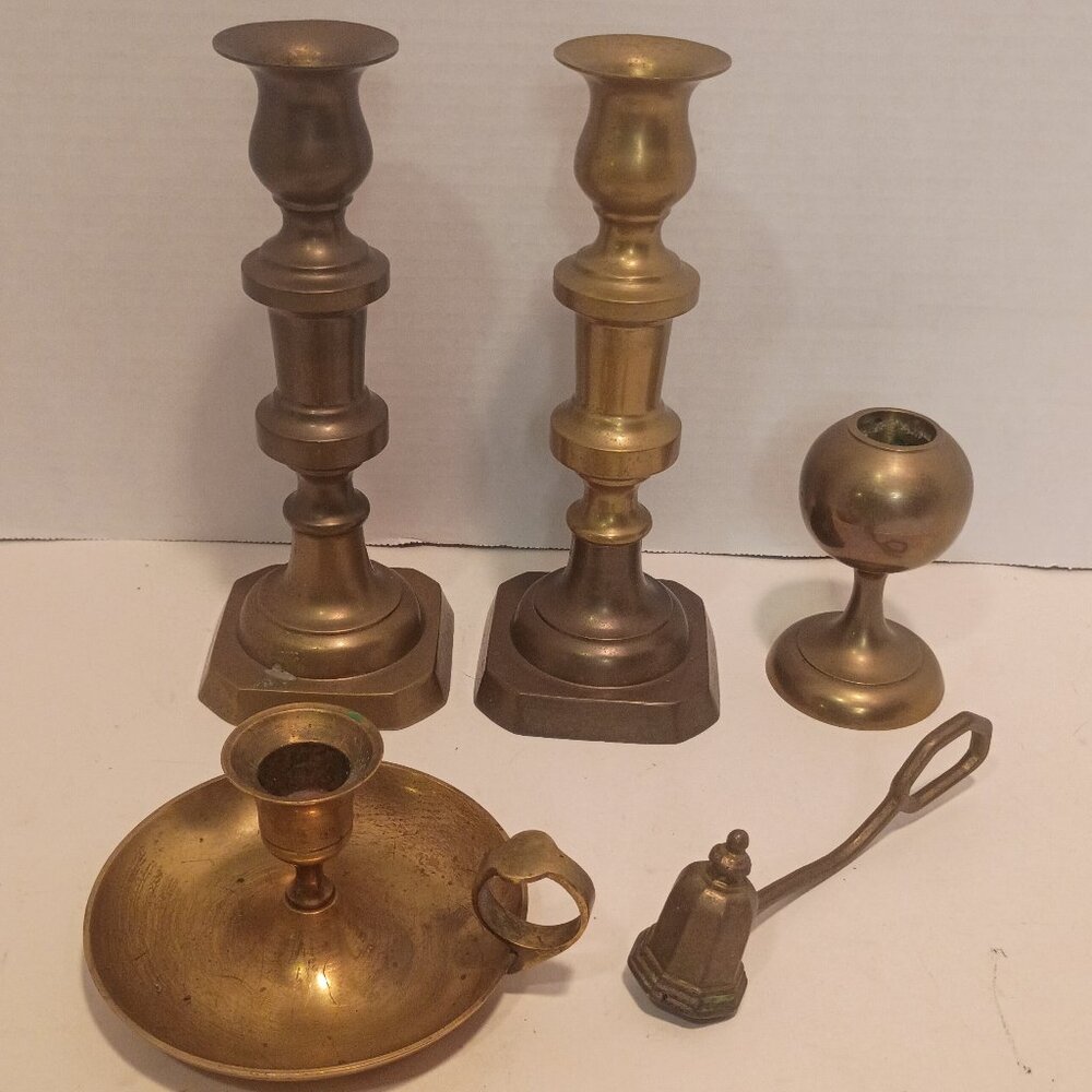 Vintage Brass Candlestick Collection with Snuffer--Mixed 6 Piece Lot